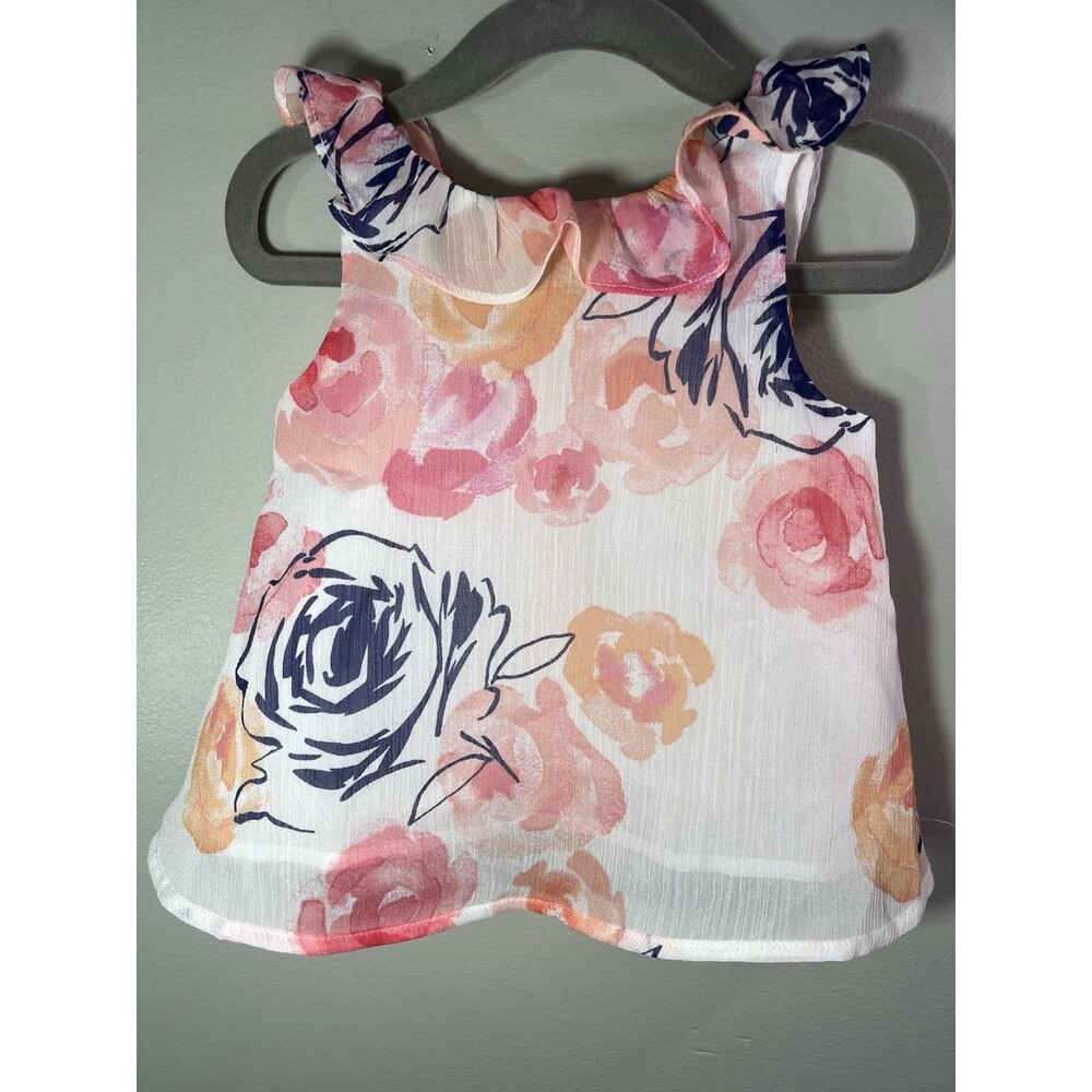 Janie & Jack Girls sleeveless Top, white w/ floral pattern & ruffle, size 12-18M